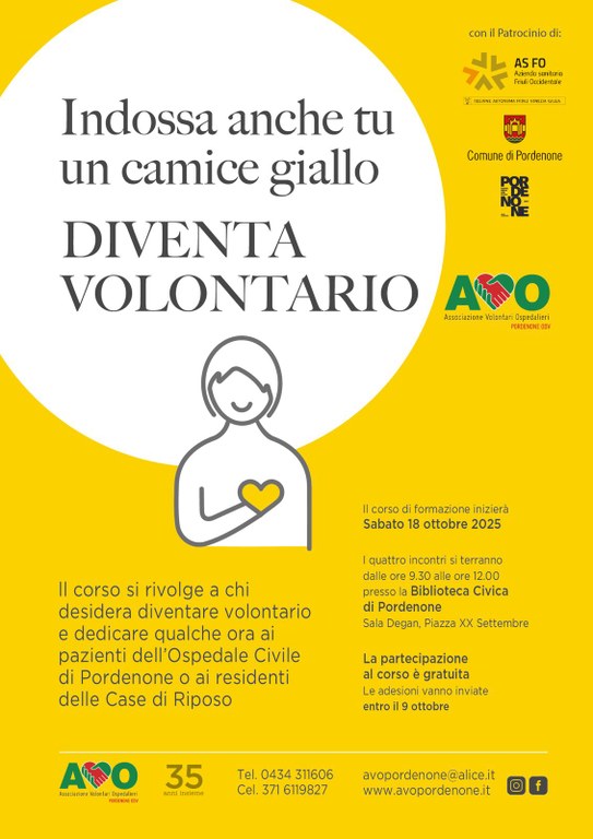 Indossa anche tu un camice giallo.  Il corso si rivolge a chi desidera diventare volontario e dedicare qualche ora ai pazienti dell'Ospedale Civile di Pordenone o ai residenti delle Case di Riposo